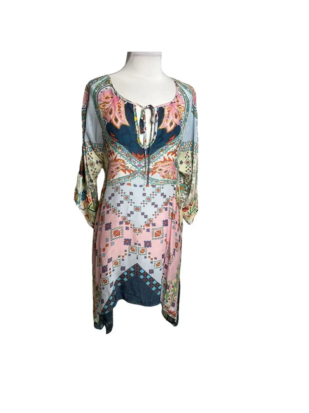 Johnny‎ was kaftan tunic top mixed print tie back asymmetrical Sz M